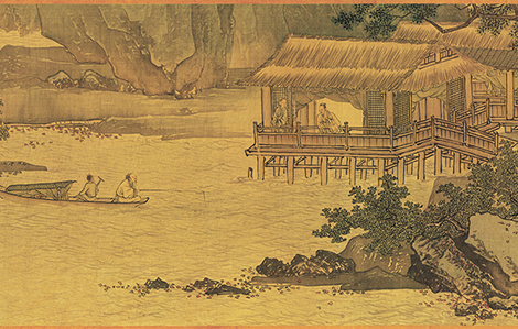 明唐寅《溪山鱼隐图》全卷绢本30.0×610 画风苍古设色明艳笔墨清雅揉合