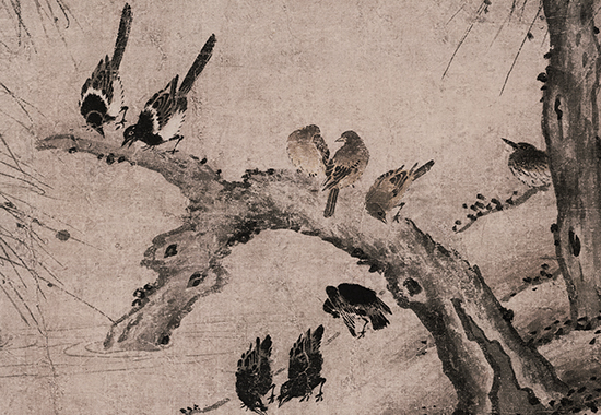 元 夏叔文 柳汀聚禽图128×66.5