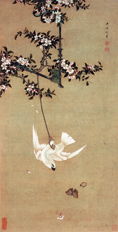 清 胡湄《鹦鹉戏蝶图》“仙笔”绘画技艺欣赏 历代国画 第7张