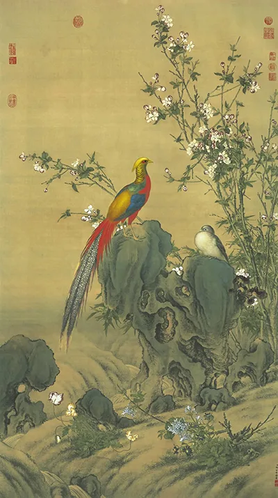 花鸟CP的春日限定：看郎世宁《锦春图》如何把“吉祥”画进绢布里 历代国画 第2张