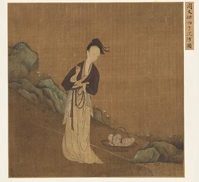 五代 周文矩《西子浣纱图》绢本64X64 历代国画 第2张