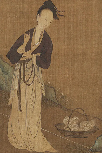 五代 周文矩《西子浣纱图》绢本64X64 历代国画 第3张