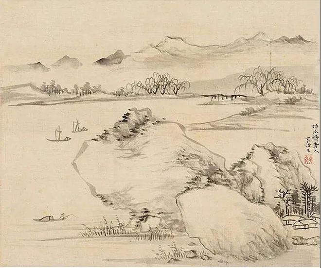 奚冈 淡墨山水 历代国画 第14张