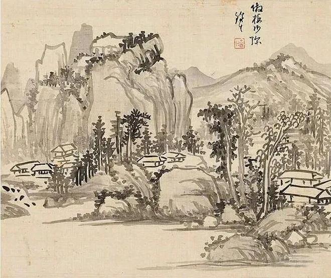 奚冈 淡墨山水 历代国画 第13张