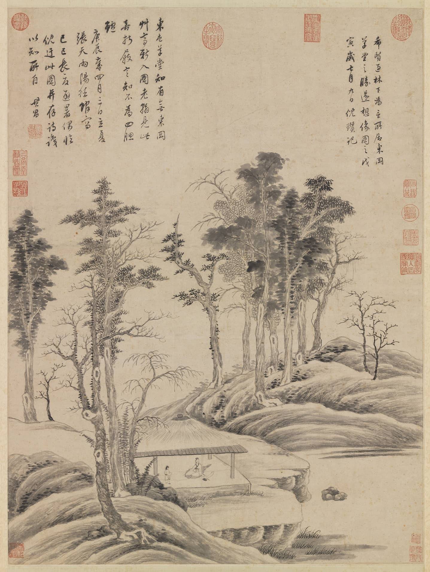 董其昌《临倪瓒东冈草堂图》轴 历代国画 第1张