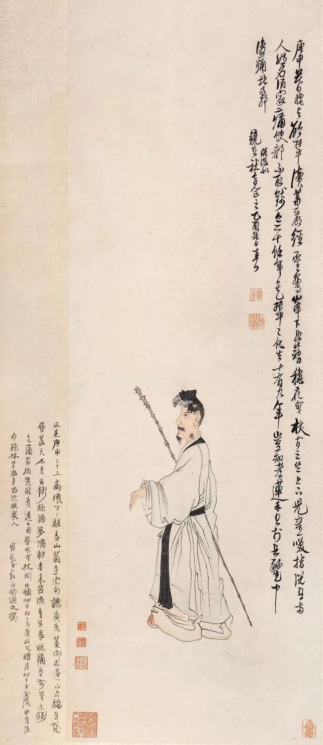 陈洪绶《簪花持杖图》 历代国画 第1张