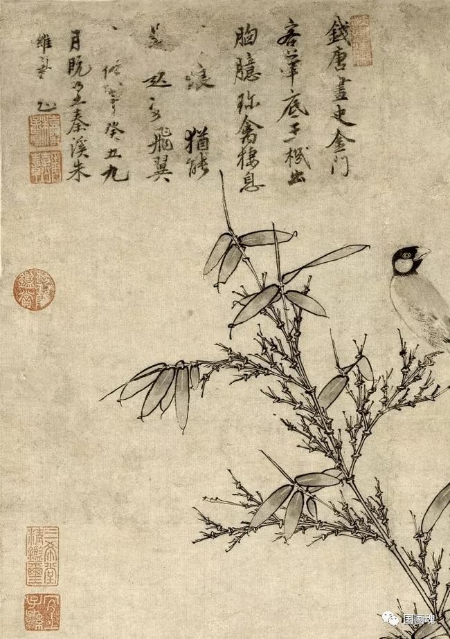 元 王渊《竹石集禽图》 历代国画 第2张