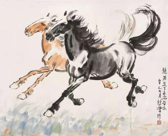 徐悲鸿《齐头并进》 历代国画 第1张